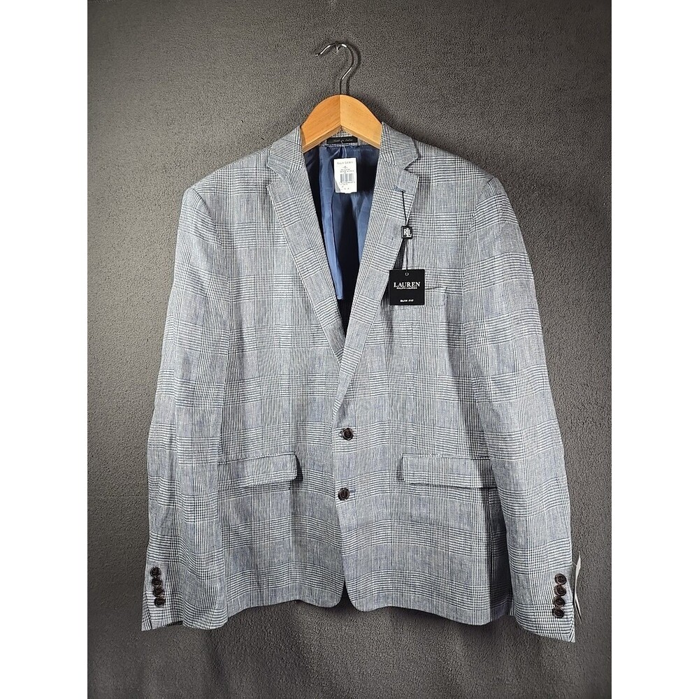 Ralph Lauren 48R Blue White Glen Plaid 100% Linen Blazer Jacket Sport Suit Coat